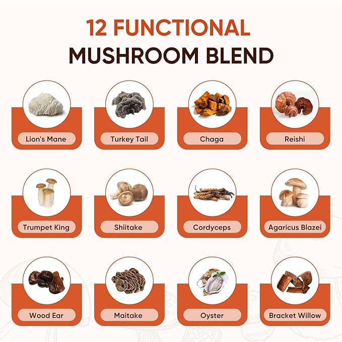 Mushroom Coffee Sugar Free, 12 Mushrooms Powder Blend Ashwagandha, Lion's Mane, Chaga and Probiotics, Mushrooms Instant Coffee for Focus, Digestion & Immunity - 30 Servings