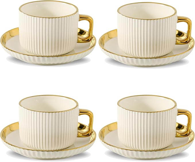LETAOTAO Cappuccino Cups with Saucers, 8oz Ceramic Coffee Cups with Saucers Set, Latte Art Coffee Mugs with Gold Trim, Tea Cups Set of 4, British/Italian Coffee cups for Cafe Mocha, Double Espresso