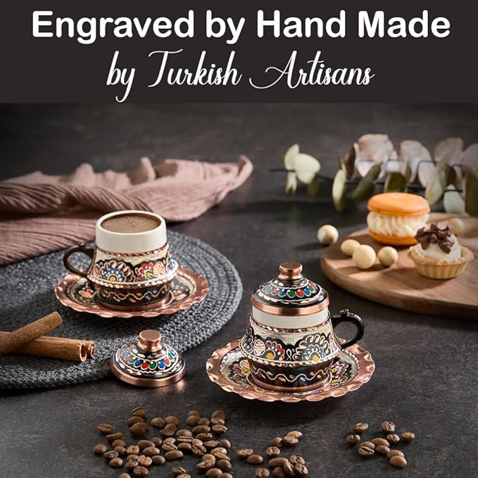 Copper Turkish Arabic Coffee Cup and Saucer Set of 2 Espresso Inner Porcelain Persian Ottoman Vintage Decor Lid Gift Serving Drinking Drinkware Drink Rustic Fancy Retro Small Mug Kitchen Accessories