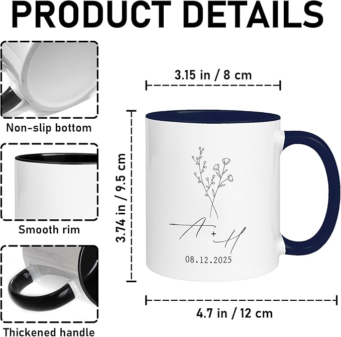 Personalized Mr and Mrs Coffee Mug Set – Custom Initials & Date Design with Minimal Floral Line Art – Wedding Gift for Couple, Engagement Keepsake, Anniversary Present Ceramic Cups