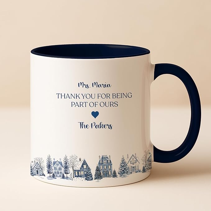 Personalized Toile De Jouy It Takes a Village Thank You Mug – Custom Name Ceramic Coffee Cup – Unique Appreciation Gift for Teacher, Nanny, Babysitter, Coach, Mentor, or Friend