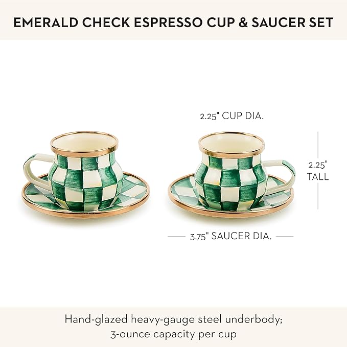 MACKENZIE-CHILDS Espresso Cup and Saucer Set, Cute Small Coffee Cups and Saucers, Set of 2, Green-and-White Emerald Check