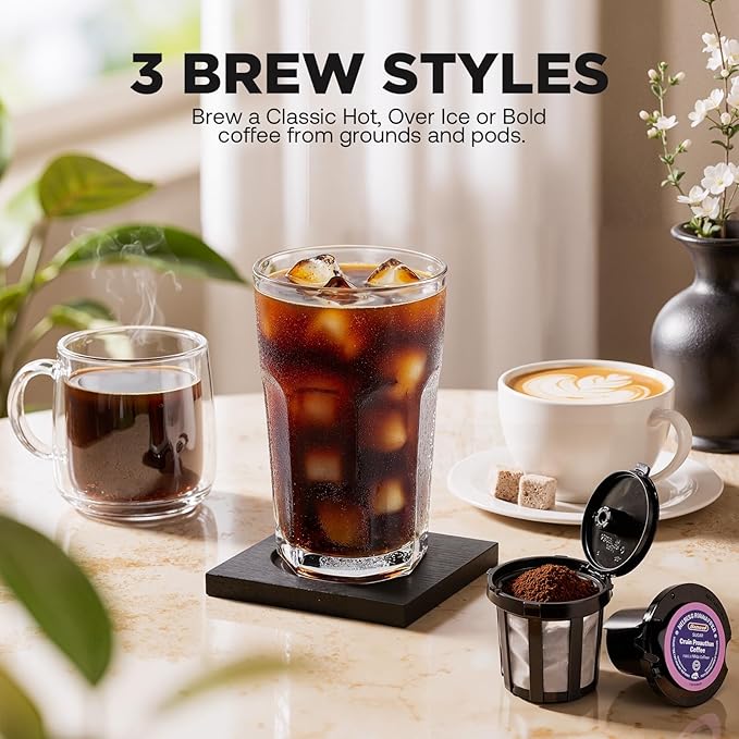 Single Serve Coffee Maker Hot and Iced with Bold Brew, Small Coffee Machine for K Cup and Ground, Fits 7.3'' Travel Mug, Brews up to 16 Oz, 5 Cup Sizes, Compact for Office, RV& Hotel, Purple