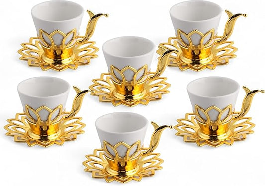 Alisveristime (Set of 6 Turkish Coffee Set with Porcelain Cups, Zamac Holders & Saucers – 80ml Capacity, Ottoman Motif, 4 Color Options (Gold)