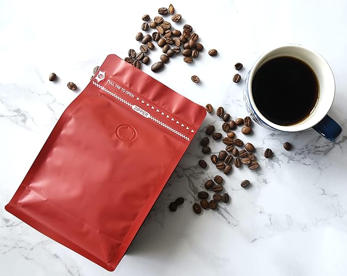 100 Count 12oz Red Coffee Bags with Aluminum Foil Liner, High Barrier Coffee Pouches with Degassing Valve, Ziplock Food Storage Bags with Pull Tape, Pack of 100, 12oz/0.75lb/340gram