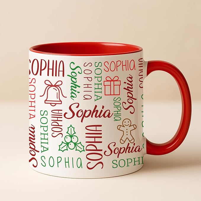 Personalized Funny Christmas Hot Cocoa Mug – Custom Holiday Coffee Cup with Festive Name Pattern – Santa Gift, Unique White Elephant Exchange Present, Gag Gift Ceramic Mug