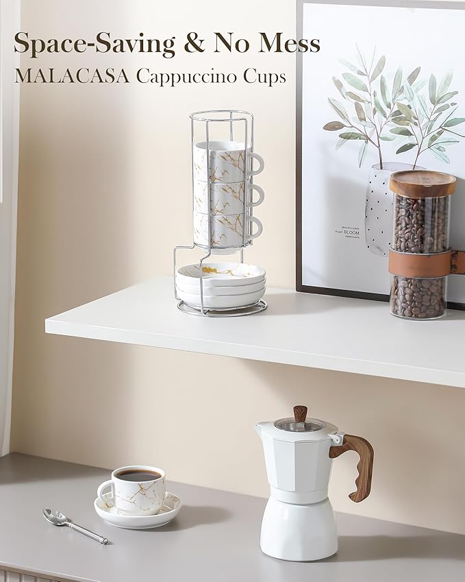 MALACASA 4 OZ Porcelain Espresso Cups with Saucers and Metal Stand Set of 4, Stackable Cappuccino Cups, Marble White Expresso Shots Cup Set for Coffee Drinks, Latte, Tea