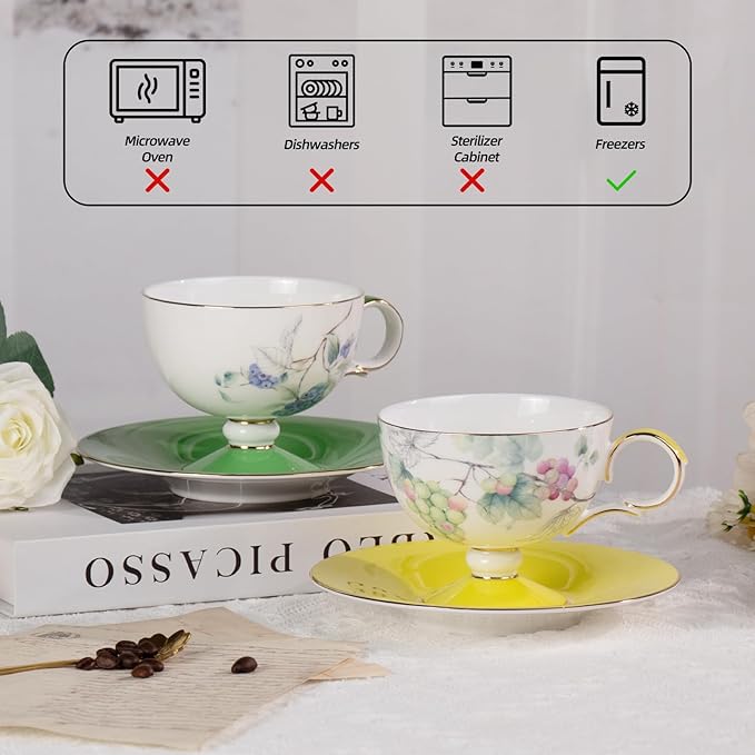 KAMMAK Ceramic Coffee Cups Saucers Set of 2, Porcelain Espresso Cups with Saucers, 7.44 oz Handcrafted Elegant Bone China Tea Cups, Grape & Blueberry Pattern Teacup for Party, Office, Women Gift