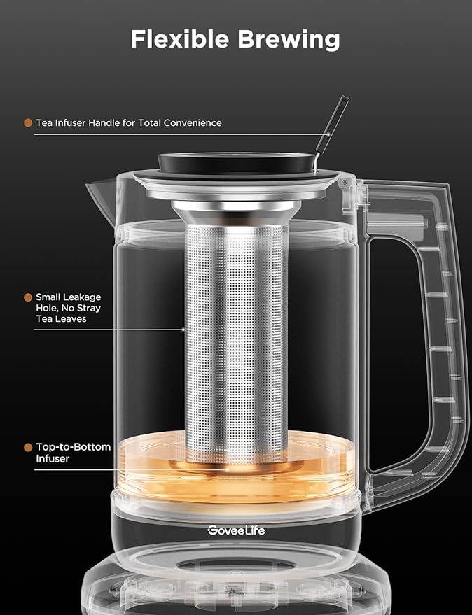 GoveeLife Smart Electric Kettle with Tea Infuser for Loose Leaf, 1.7 L Electric Tea Kettle with Brewing Program, Variable Temperature Control, 2 H Keep Warm & Auto Shut-Off, BPA Free. Black