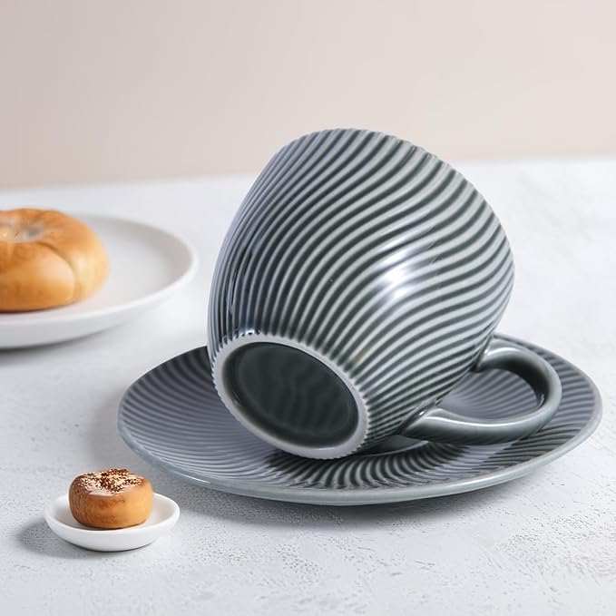 Yundu 8 oz Ceramics Cup & Saucer Sets of 4, Cappuccino Cup, Espresso Cups, Tea Cups and Saucers, Perfect for Coffee or Matcha and Latte (Set of 4 colors)