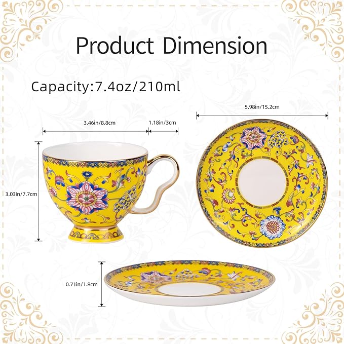 KAMMAK Tea Cups and Saucers Set of 2, Porcelain Coffee Cups with Saucer for Espresso, Cappuccino, 7.5oz Vintage Yellow and Blue Ceramic Demitasse Mug for Home, Tea Party, Office