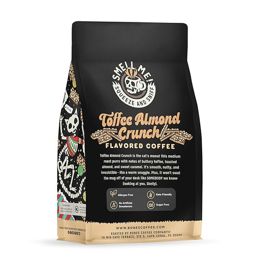Bones Coffee Company Toffee Almond Crunch, Toffee Almond Flavored Coffee, Medium Roast Low Acid Arabica Beans Compatible with Auto drip and French Press Coffee Maker, 12 Oz Ground