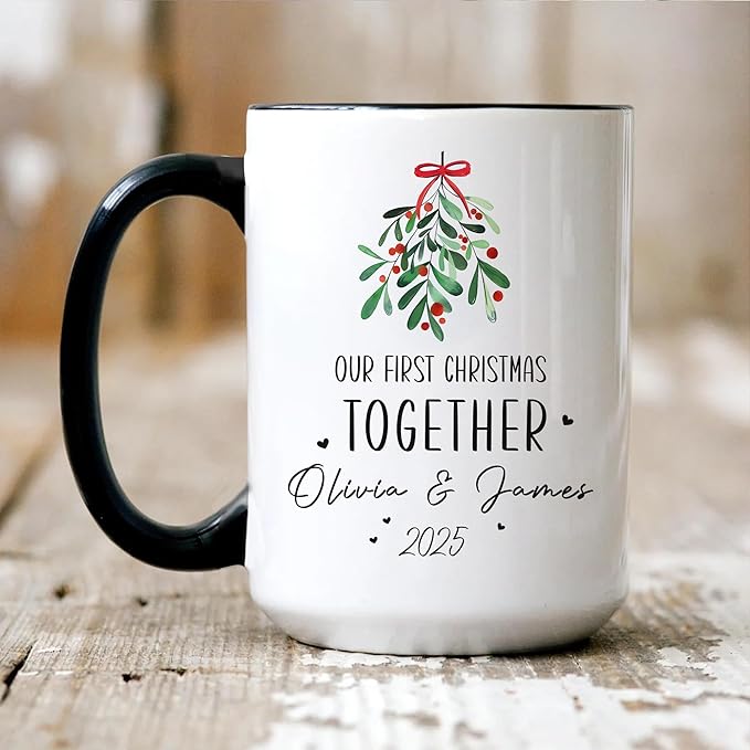 Personalized Our First Christmas Together Coffee Mug – Custom Mr and Mrs Cup with Names and Year – Wedding, Engagement, Anniversary, or Valentine’s Day Couple Gift
