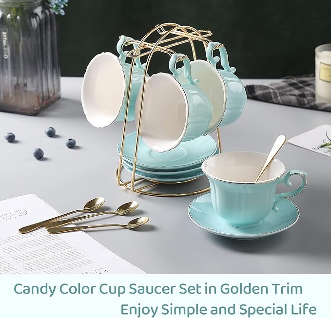 DUJUST Tea Cups and Saucers Set of 4 (8 OZ), Nile Blue Tea Cup Set with Golden Trim, Petal Edge Coffee Cups with Metal Stand, Simple Style Porcelain Tea Party Set - Light Green