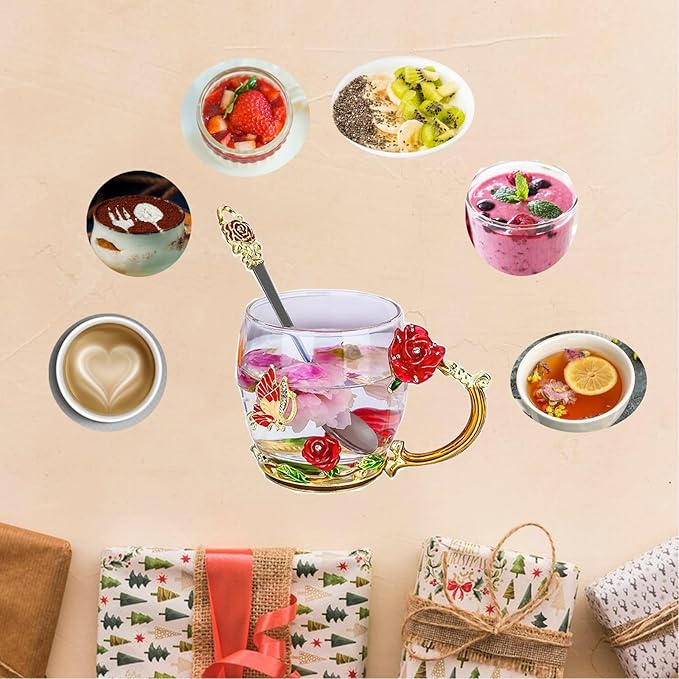 Glass Tea Cup，Birthday present for a mother a birthday present for RoseCoffee Mugs for Mother's Day (Rose Red A)