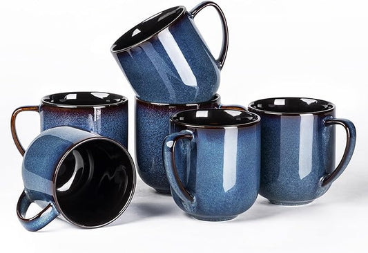 LERATIO 12OZ Ceramic Coffee Mugs Set of 6, Large Porcelain Coffee Cups With Large Handle For Latte,Cappuccino,Milk,Cocoa,|Dishwasher&Microwave Safe Mug Sets,Ideal for Man,Woman,Dad, Mom-Blue