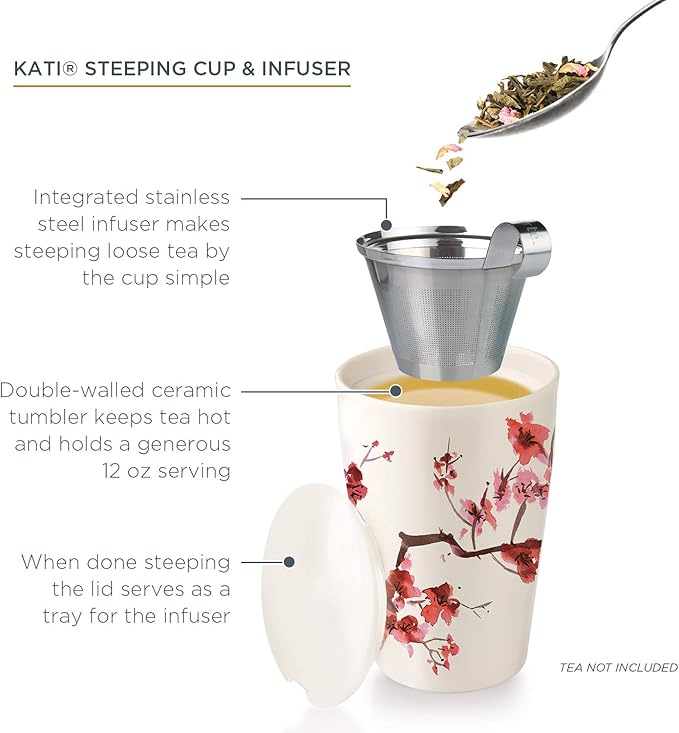 Tea Forte Double-Walled Ceramic Kati Cup, Removable Stainless Steel Infuser Basket and Lid, Steeps 12 oz Loose Leaf Tea, Dishwasher & Microwave Safe, Cherry Blossom