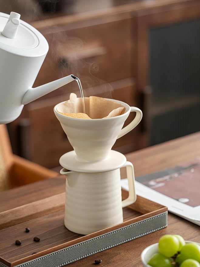 Pour Over Coffee Maker Set,Ceramic Coffee Maker With 40 pcs Paper Filter，15oz/450ml Pour Over Coffee Dripper (White)