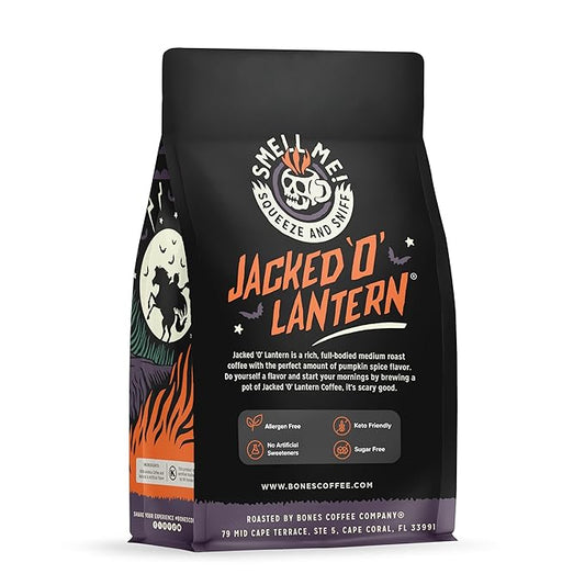 Bones Coffee Company Jacked 'O' Lantern, Pumpkin Spice Flavored Coffee, Medium Roast Low Acid Arabica Beans Compatible with Auto drip and French Press Coffee Maker, 12 Oz Ground