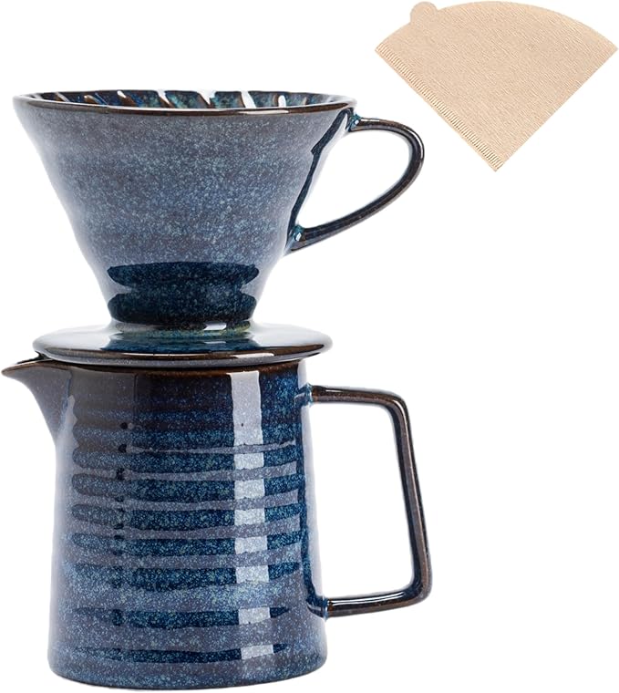 Pour Over Coffee Maker Set,Ceramic Coffee Maker With 40 pcs Paper Filter，15oz/450ml Pour Over Coffee Dripper (Starry Blue)