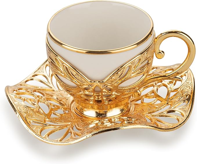 Alisveristime Turkish Coffee Set for Six, 6 White Porcelain Cups with Gilded, Zamac Holders and Saucers, Two Color Variations: Gold and Silver (Gilded-Design) (Gold)