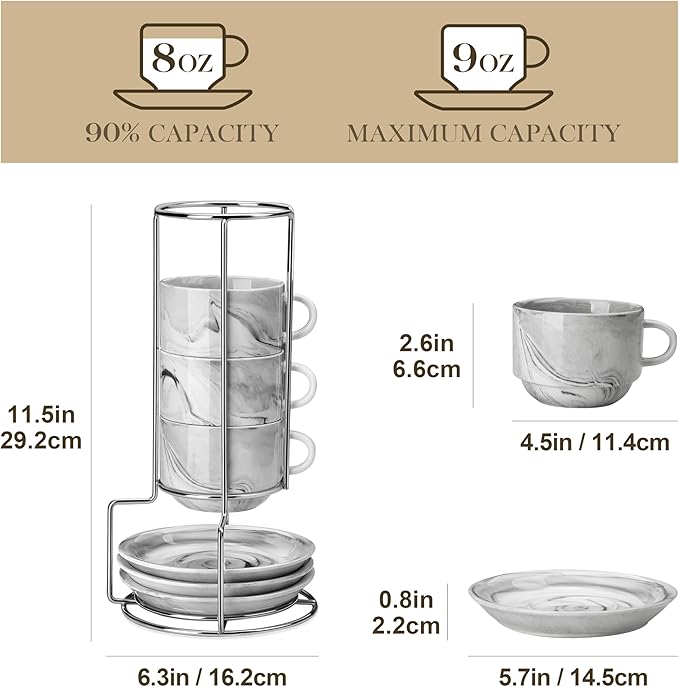 MALACASA 8 OZ Porcelain Espresso Cups with Saucers and Metal Stand Set of 4, Stackable Cappuccino Cups, Marble Gray Expresso Shots Cup Set for Coffee Drinks, Latte, Tea