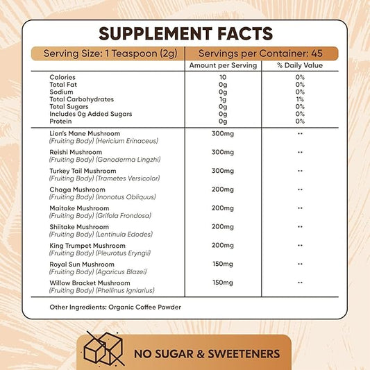 Mushroom Coffee – 10 in 1 Instant Coffee Organic Arabica - Cafe de Hongos w/Lion’s Mane, Turkey Tail, Chaga – Focus, Gut Health, Weight & Immune Support – Low Caffeine, Sugar-Free, Gluten Free 90g (Natural Pack of 1)