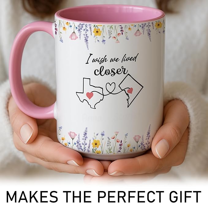 Personalized Friend Mug - Long Distance Best Friend Birthday Gifts - Birthday Wedding Gift For Women - Custom Names States - Floral Design - Thoughtful Coffee Cup