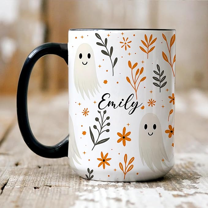 Halloween Coffee Mug Cute Ghost Floral Birthday Halloween Thanksgiving Christmas Gift For Kids Friends Girls Custom Name Ceramic Cup