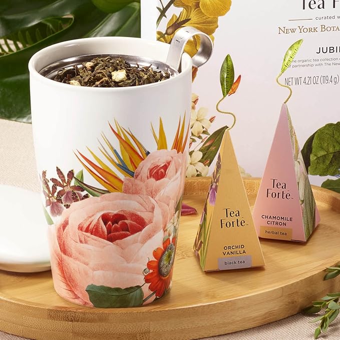 Tea Forte Double-Walled Ceramic Kati Cup, Removable Stainless Steel Infuser Basket and Lid, Steeps 12 oz Loose Leaf Tea, Dishwasher & Microwave Safe, Jubilee