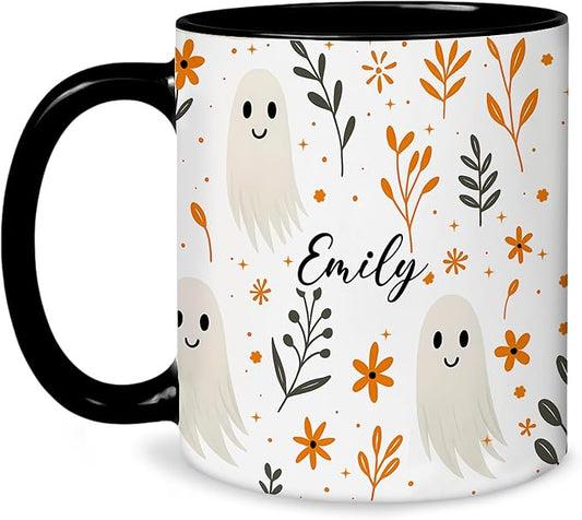 Halloween Coffee Mug Cute Ghost Floral Birthday Halloween Thanksgiving Christmas Gift For Kids Friends Girls Custom Name Ceramic Cup