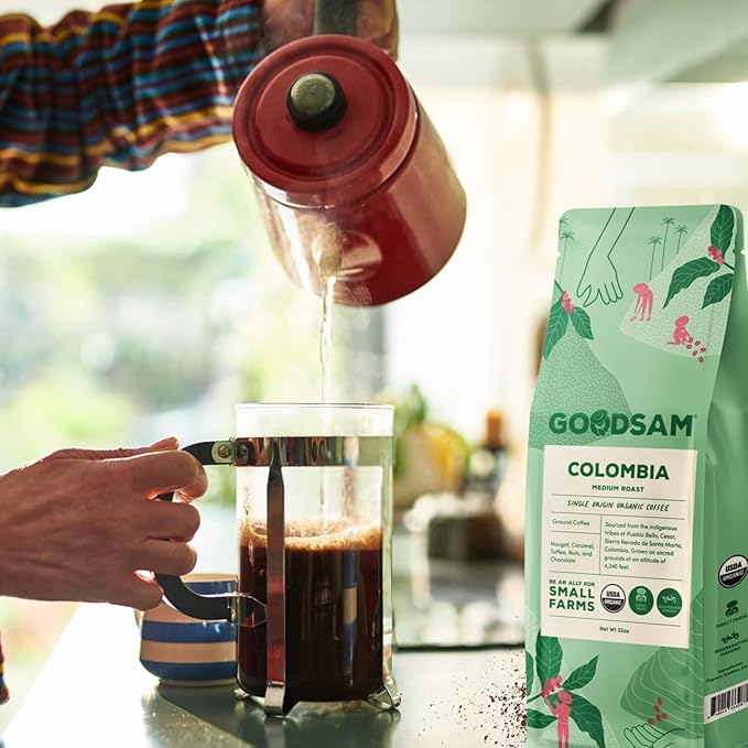 GoodSAM - Organic Colombian Ground Coffee, Medium Roast 2lb – Single Origin Arabica Beans, Smooth & Balanced Flavor - Supporting Small Family Farmers, Regenerative & Direct Trade
