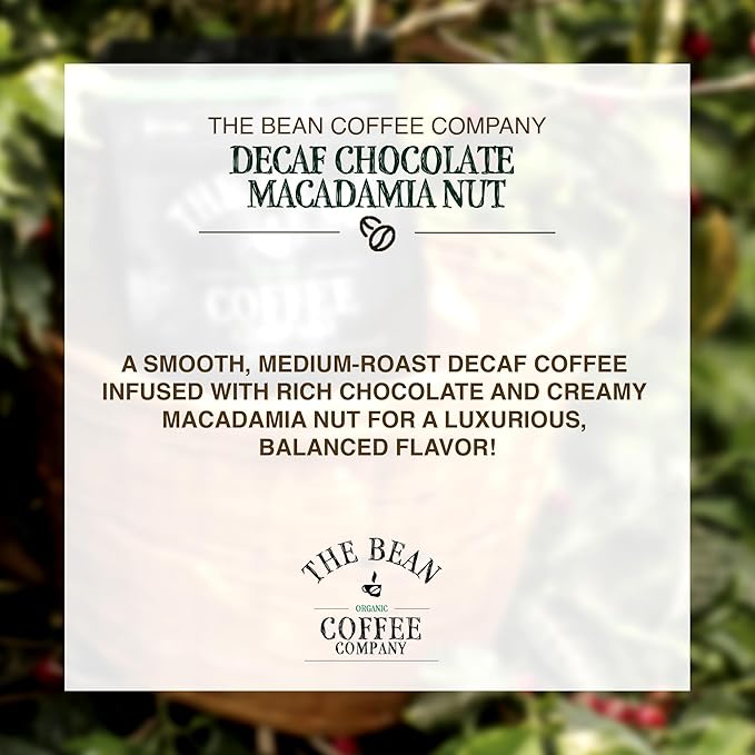 The Bean Organic Coffee Company Water Processed DECAF Chocolate Macadamia Nut, Medium Roast, Ground Coffee, 16-Ounce Bags (Pack of 2), Café Molido Tostado Orgánico descafeinado