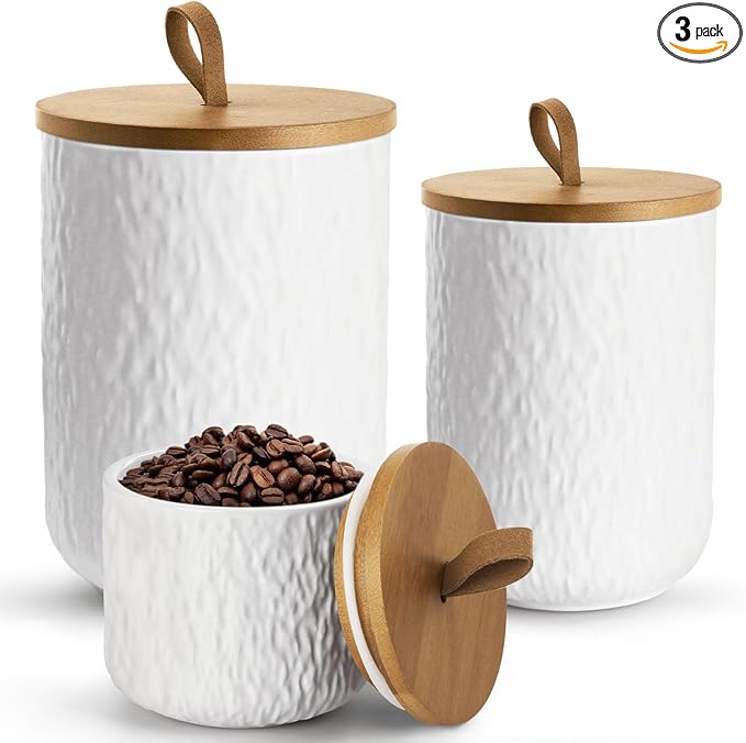 Canisters Set for Kitchen Food Storag of 3 Piece, Airtight Kitchen Canisters for Countertop, Modern Ceramic Jar with Top Handle & Wooden Lid for Coffee Tea Sugar Flour Cookie (White)