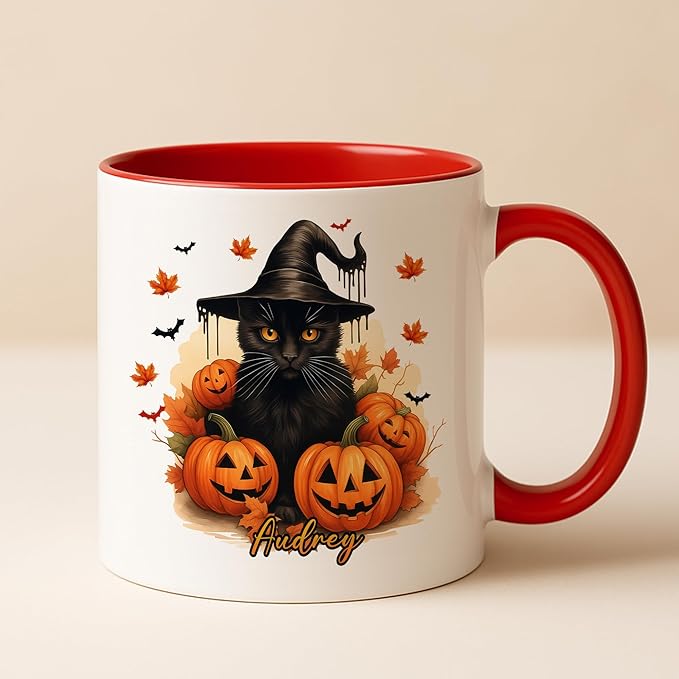 Personalized Halloween Black Cat Mug – Custom Name Coffee Cup with Witch Hat and Pumpkins – Spooky Fall Gift for Cat Lovers & Halloween Decor Fans