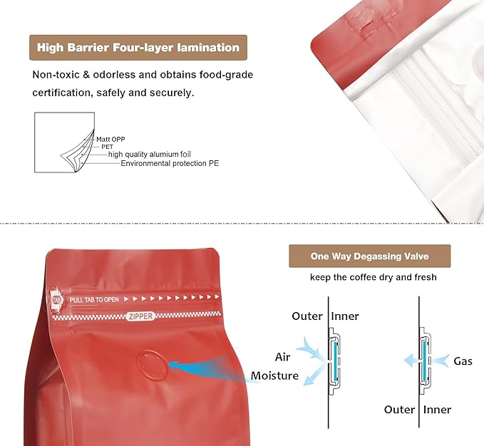 100 Count 12oz Red Coffee Bags with Aluminum Foil Liner, High Barrier Coffee Pouches with Degassing Valve, Ziplock Food Storage Bags with Pull Tape, Pack of 100, 12oz/0.75lb/340gram