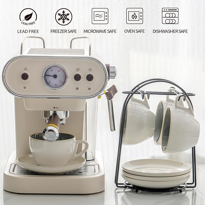 SIDUCAL Stackable Cappuccino Cup Set of 4 [8oz] Ceramic Coffee Cups with Saucers and Cup Holder,Microwave/Dishwasher Safe,Espresso Demitasse Cups(Green)