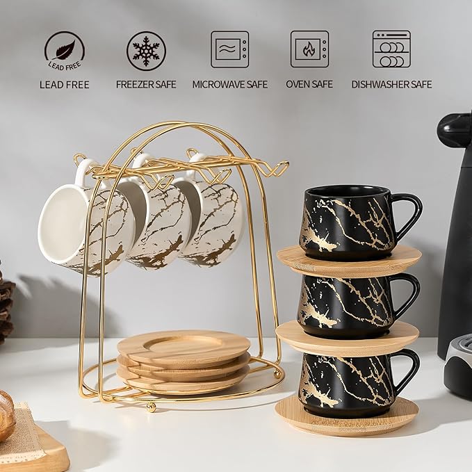 LUKA Ceramic Espresso Cups with Saucers and Metal Stand, Small 4 oz Porcelain Demitasse Cups Set of 6, Cute Cappuccino Coffee Cups for Double Espresso, Tea, Marbling White & Black