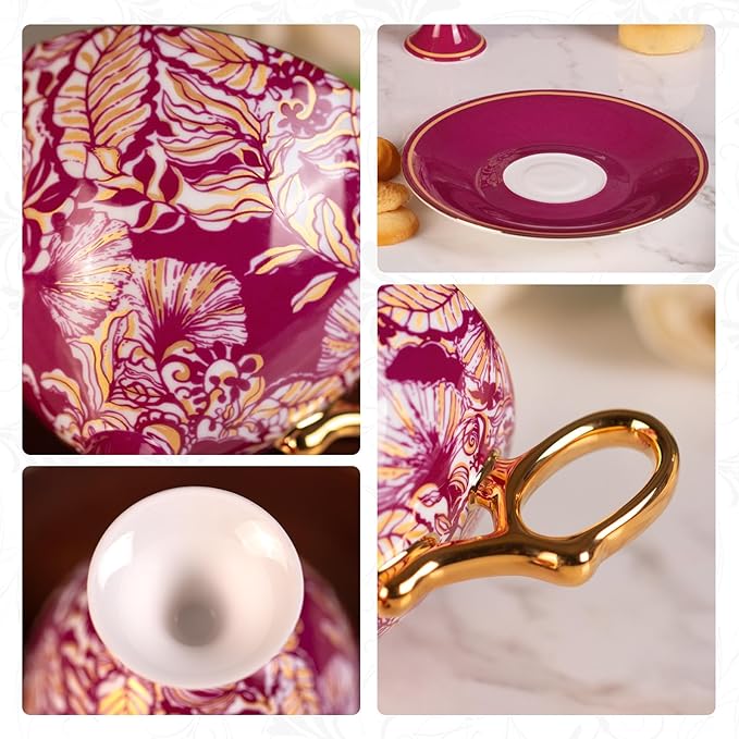 KAMMAK Ceramic Coffee Cups and Saucers Set of 2, Porcelain Espresso Cups with Saucers, 7.7 oz Handcrafted Ceramic Floral Coffee and Tea Cup, Vintage Drinkware for Tea Party, Office, Women Gifts