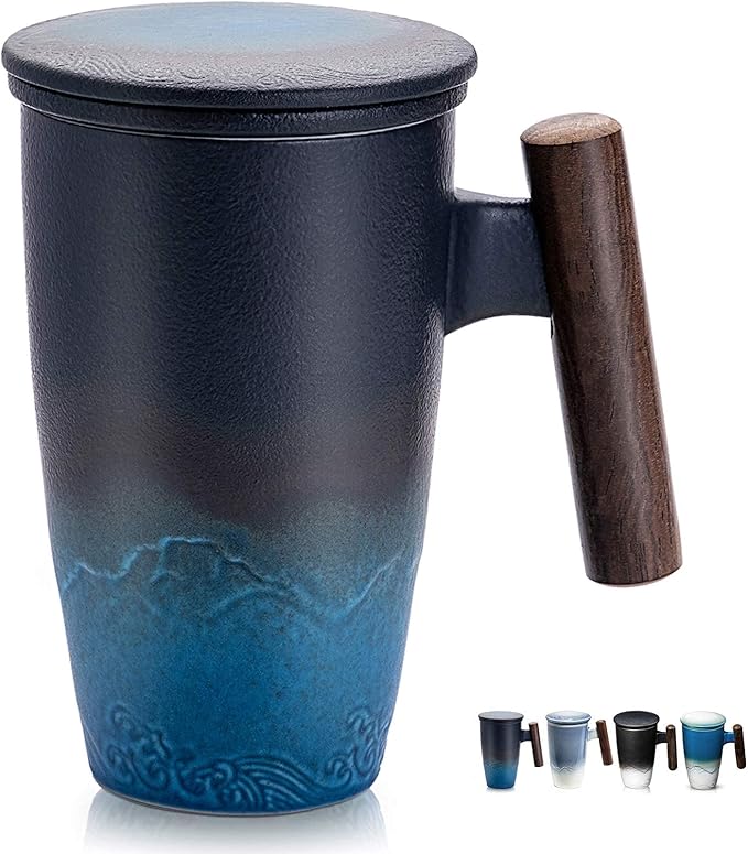 suyika Tomotime Ceramic Tea Cup with Infuser and Lid Tea Mugs Wooden Handle 400ml/13.5oz Black cyan