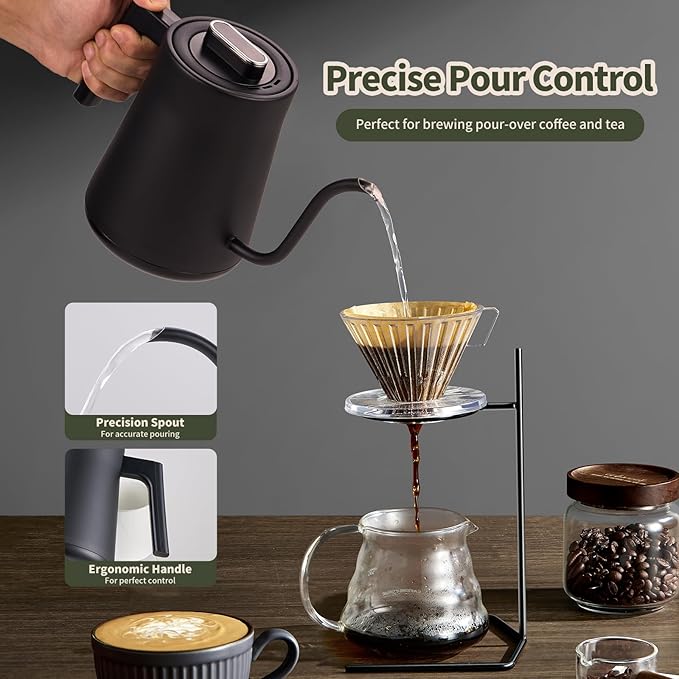 CTT Gooseneck Electric Kettle with Temperature Control, 1L Pour Over Kettle for Coffee/Tea, Hot Water Boiler Kettle Electric, Keep Warm 12 Hours, 316 Stainless Steel Inner, 1000W, Black