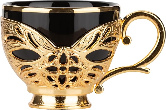 Alisveristime Turkish Coffee Set for Two, 2 Black Gilded Porcelain Cups with Zamac Holders and Saucers, Metal Tray, Lale Motif Zamac Coffee Pot (Black Gilded) (Gold)