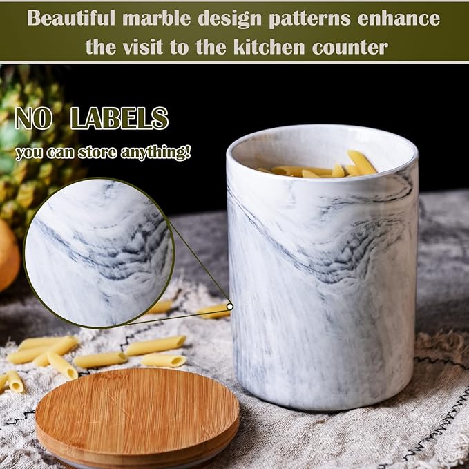 Yundu 40 FL OZ/1180ML Kitchen Canister, Grey Marble Ceramica Food Storage Jar with Bamboo Lid for Ground Coffee, Flour, Tea, Sugar, Airtight Coffee Container