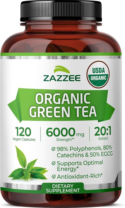 Zazzee USDA Organic Green Tea 20:1 Extract, 6000 mg Strength, 50% EGCG, 98% Polyphenols and 80% Catcehins, 120 Vegan Capsules, 4 Month Supply, Standardized and Concentrated 20X Potency, Non-GMO