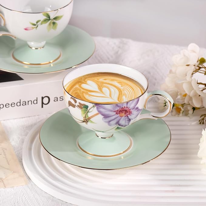 KAMMAK Ceramic Coffee Cups Saucers Set of 2, Porcelain Espresso Cups with Saucers, 7.44 oz Handcrafted Elegant Bone China Tea Cups, Passionflower & Crabapple Blossom Teacup for Party, Women Gift