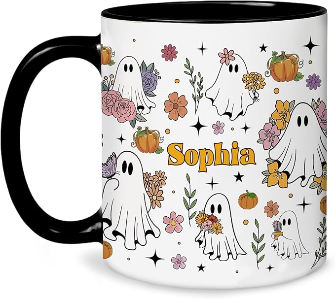 Personalized Halloween Ghost Mug Cute Floral Spooky Cup Halloween-Birthday Gift For Girls From Friends-Coworkers Name Printed Adorable Ghosts With Flowers Ceramic Coffee Mug