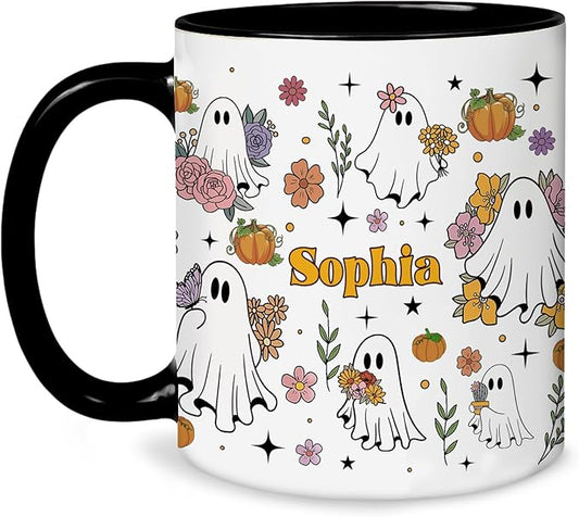 Personalized Halloween Ghost Mug Cute Floral Spooky Cup Halloween-Birthday Gift For Girls From Friends-Coworkers Name Printed Adorable Ghosts With Flowers Ceramic Coffee Mug