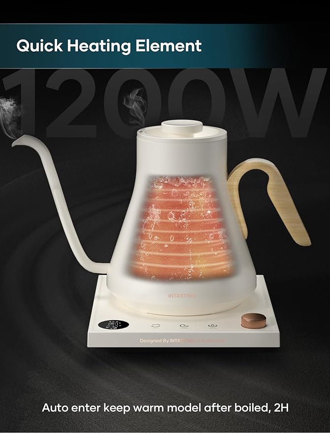 Electric Kettle, Gooseneck Electric Kettle, ±1℉ Precise Temperature Control, Stainless Steel Interior, Quick Heating for Pour Over Coffee, Tea & Boiling Water, 0.9L (White)