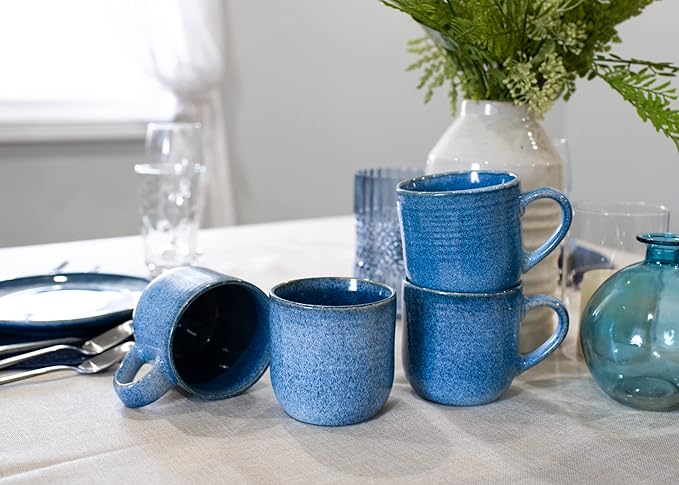 Elanze Designs Glossy Reactive Glaze Large 17 Fluid Ounce Everyday Kitchen Food Grade Ceramic Stoneware Coffee Mug Cup with Comfort Curved Handles, Set of 4, Cobalt Blue