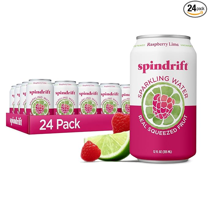 Spindrift Sparkling Water, Raspberry Lime Flavored, Made with Real Squeezed Fruit, Only 9 Calories per Can, 12 Fl Oz Cans, Pack of 24